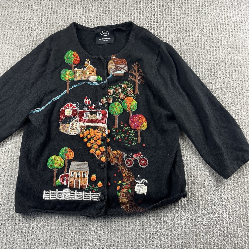 VTG Michael Simon Event Halloween Pumpkin Farm Fall Crochet Cardigan Sweater L